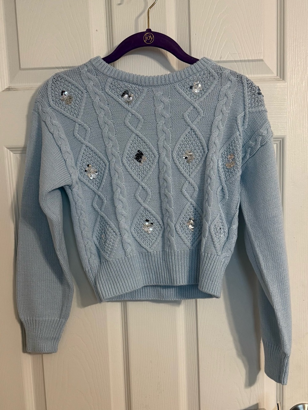 Light Blue Sequin Cable Knit Sweater - Girls